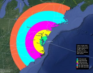 The rocket being launched from the NASA Wallops Spaceport could be visible in these colored areas at and in the seconds after launch time. Image: NASA