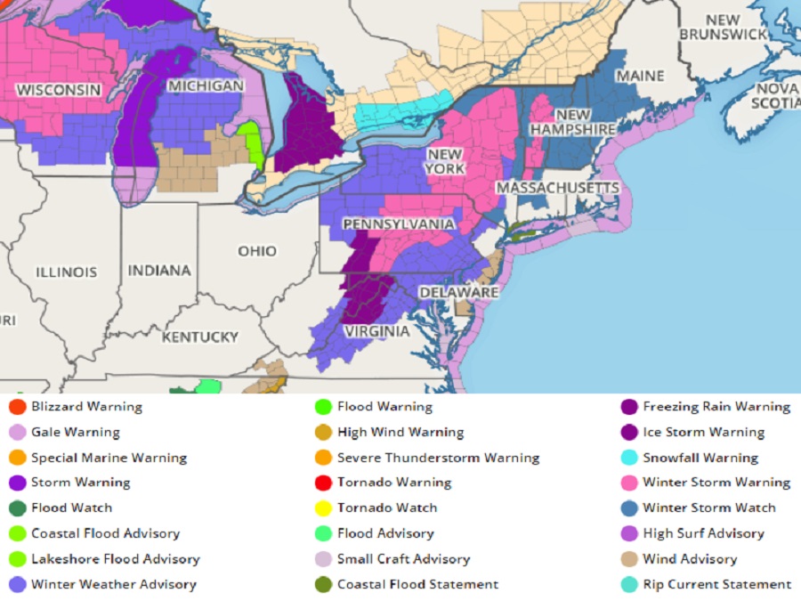 The National Weather Service has issued numerous advisories due to the winter storm forecast to move through the northeast tomorrow into Friday. Image: weatherboy.com