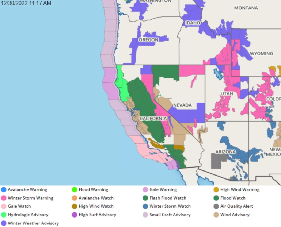A variety of winter weather advisories and warnings have been issued for the western United States by the National Weather Service. Image: NWS
