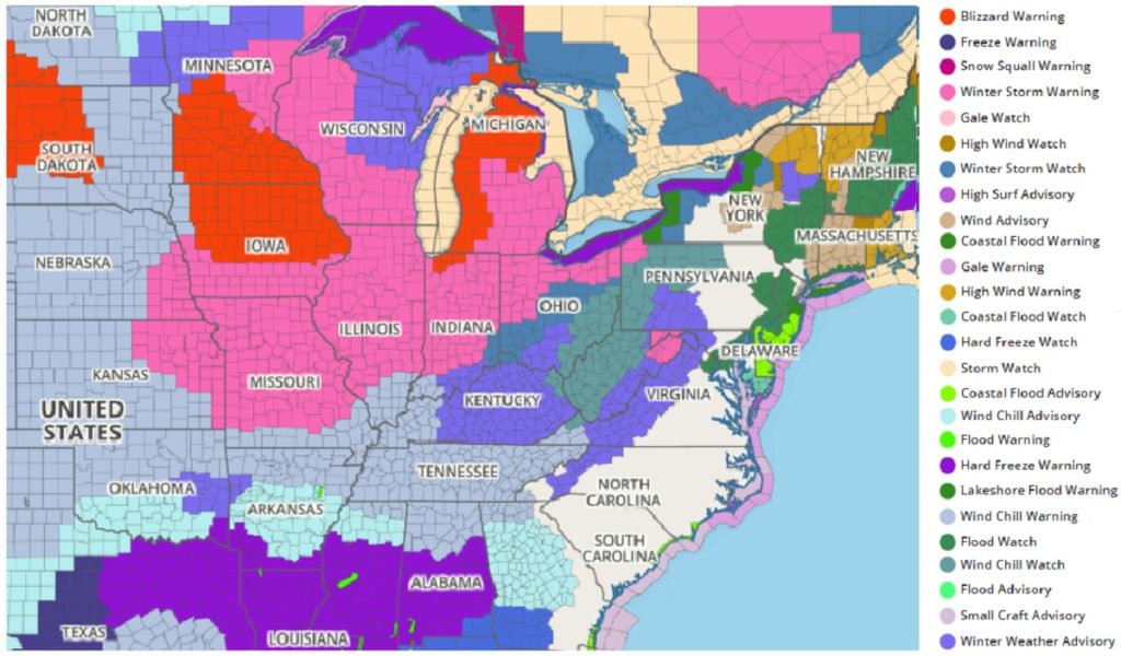 The map illustrating where weather advisories are in effect is lit up like a Christmas Tree ...just days before Christmas arrives, all due to an exploding Bomb Cyclone. Image: weatherboy.com