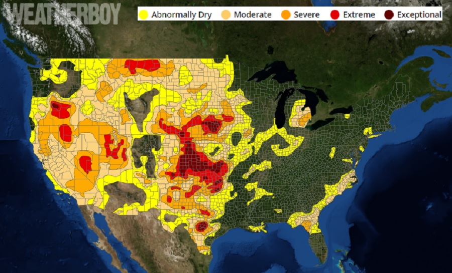 The latest Drought Monitor map shows drought conditions persist across much of the western U.S.. Image: Weatherboy.com