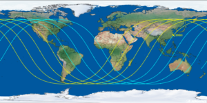 The potential path of the doomed satellite could bring it down anywhere along its orbital path under the blue and yellow lines. The most likely area is near Russia, China, or the northwest Pacific. Image: Aerospace Corporation