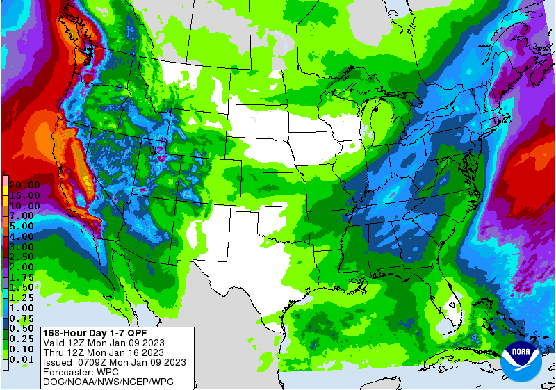 An almost unbelievable amount of precipitation will fall on California in the coming days ...even with a nearly unbelievable amount already falling in recent weeks. Image: WPC/NWS