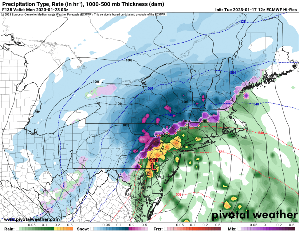 The latest European ECMWF forecast model suggests a nor'easter may form around January 23; if this model solution comes to fruition, it could produce significant snows in an area that hasn't seen much yet this winter. Image: Pivotal Weather