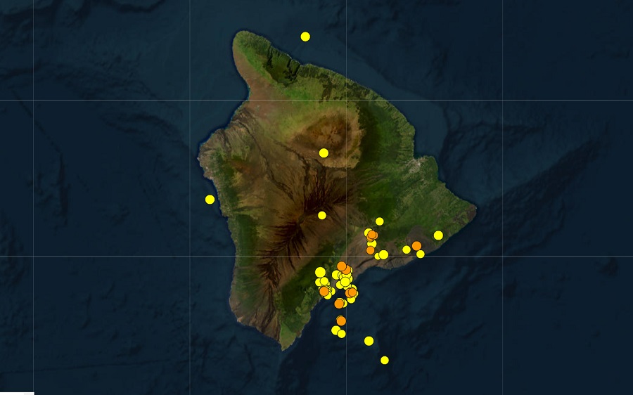 Each dot represents the epicenter of an earthquake on Hawaii Island over the last 7 days, with orange ones being more recent than yellow ones. Most of the activity is near the community of Pahala on the southeast portion of the island. Image: USGS