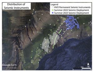 The location of permanent and temporary seismic instruments deployed across the southeast part of the Island of Hawai‘i. Shaded white areas show dense regions of earthquakes interpreted as the Pāhala sill complex. Dashed white box outlines a region of sparsely spaced volcano-tectonic earthquakes that lie between the Kīlauea summit and Pāhala. Image: USGS