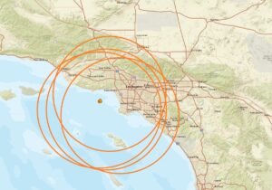 The orange dots inside the orange circles represent the epicenter of today's earthquakes west of Los Angeles. Image: USGS