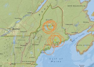 According to USGS, Maine has seen several earthquakes so far this month, with the last striking early Saturday. Each colored dot inside the colored circle represents the epicenter of each earthquake to hit this month. Image: USGS.