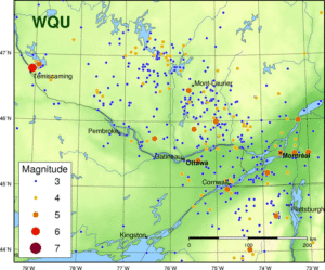 Map of recorded earthquakes across the Western Quebec Seismic Zone. Image: Earthquake Canada
