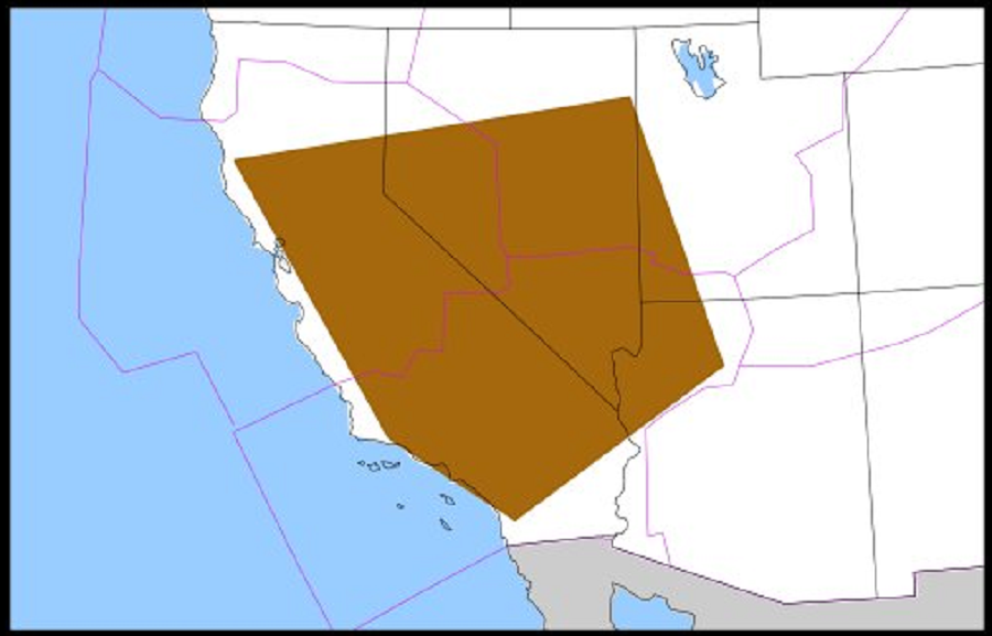 A Severe Turbulence Alert has been issued for much of California and Nevada along with portions of Utah and Arizona, as depicted by the brown shaded region on this map.  Image: NWS/AWC