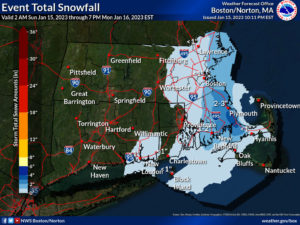 The National Weather Service is only calling for light snow totals from this storm, with the greatest amounts between Boston and Cape Cod. Image: NWS