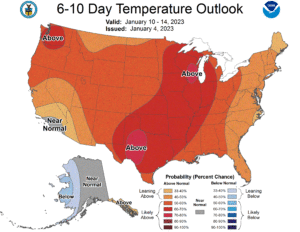 The 6-10 day temperature outlook from the National Weather Service shows no below normal temperatures expected across the continental U.S. Image: NWS