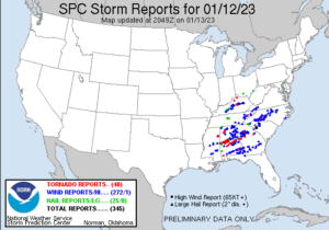 Preliminary report from the National Weather Service's Storm Prediction Center shows where severe weather struck on January 12, 2023. Image: SPC