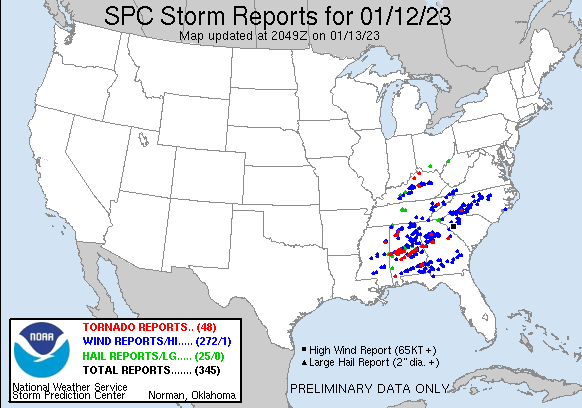 Preliminary report from the National Weather Service's Storm Prediction Center shows where severe weather struck on January 12, 2023. Image: SPC