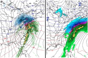 Forecast computer models suggest a snowstorm in the northeast. The left is the European ECMWF forecast model showing a storm on January 25; the American GFS is showing a similar storm on February 2. Image: PivotalWeather.com / TropicalTidbits.com