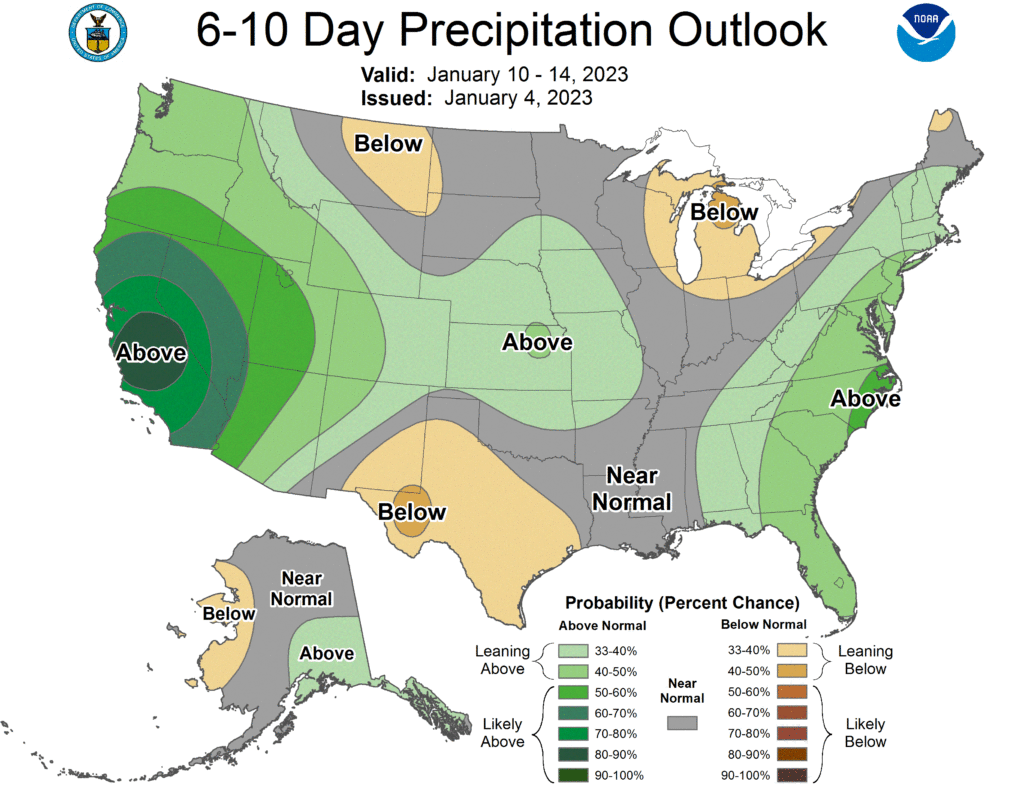 More above-normal precipitation is expected next week in the western U.S. as atmospheric river events continue. Image: NWS