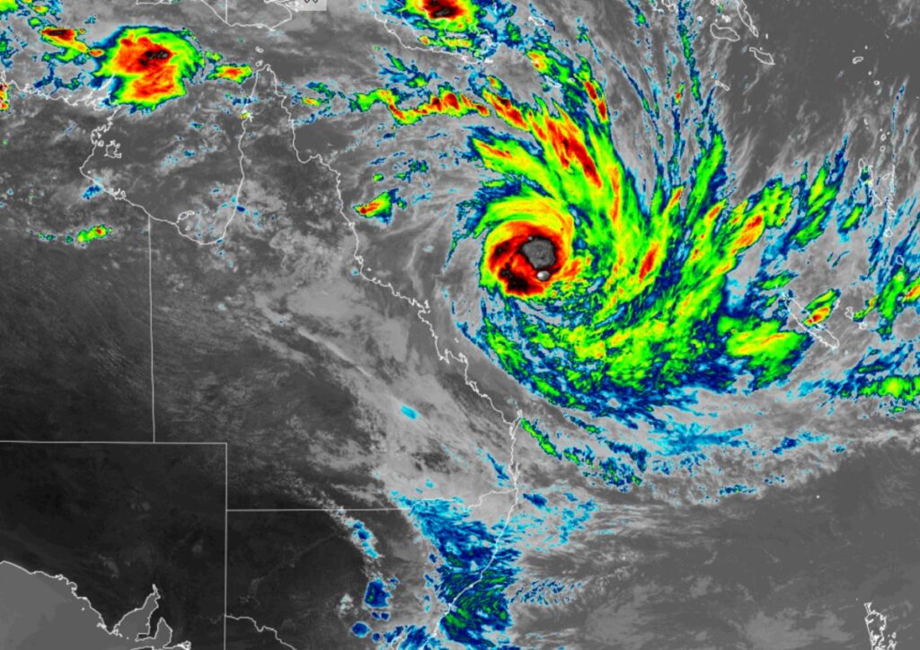 The latest color-enhanced weather satellite view of growing Tropical Cyclone Gabrielle off of the coast of Australia. Image: NOAA