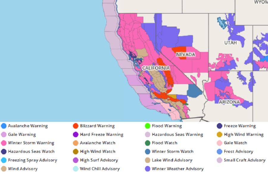 Numerous watches and warnings are up in California including Blizzard Warnings just outside of Los Angeles and San Diego. Image: weatherboy.com