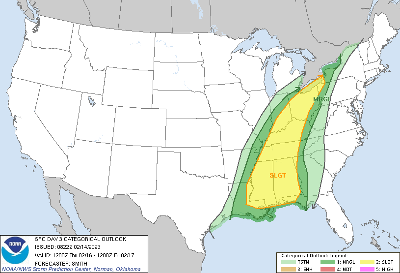 The third day outlook from the National Weather Service's Storm Prediction Center shows an area  shaded in green and yellow that could see severe weather on Thursday.  Image: SPC