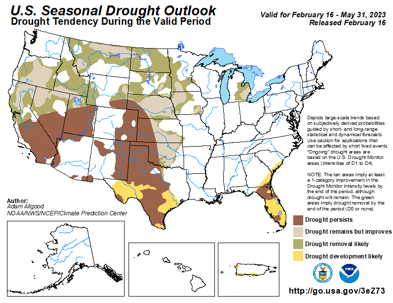 The Seasonal Drought Outlook suggests conditions will get worse across Texas, Florida, and the southeast coast.  Image: NWS CPC