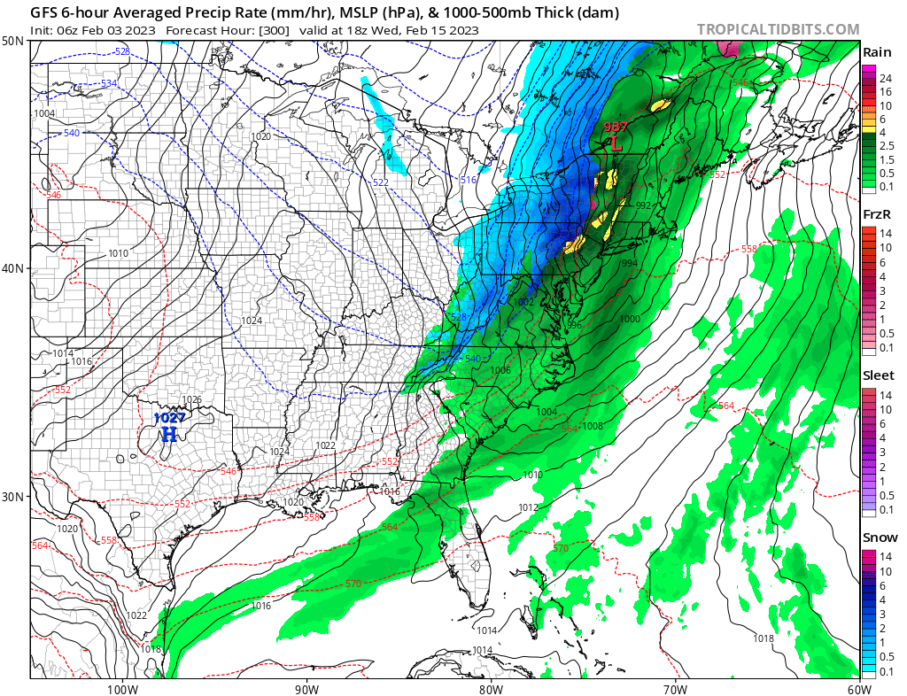 Forecast runs, like this latest American GFS model output, do show some snow (blue) in the northeast, but the I-95 corridor stays in the rainy (green) side of the storm. Image: tropicaltidbits.com