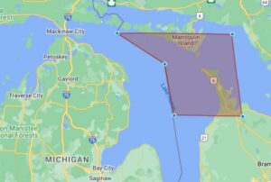 Airspace in this shaded region over Lake Huron was temporarily closed today so that NORAD fighters could shoot down another UFO here. Image: Google