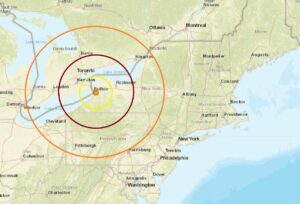 The epicenter from today''s earthquake struck at the orange dot inside the concentric circles, not far from Buffalo, New York. Image: USGS