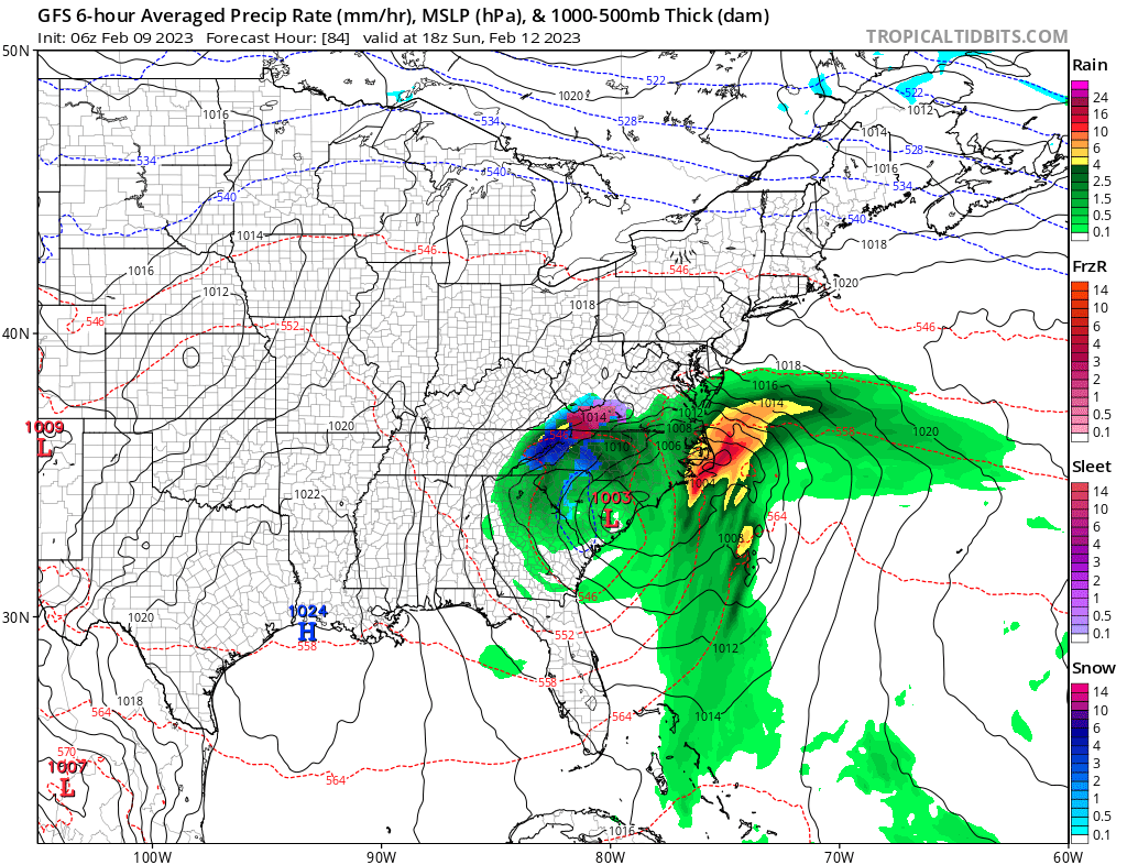 The latest American GFS model suggests a coastal storm will form later in the upcoming weekend. Image: tropicaltidbits.com