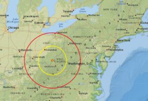 The epicenter of the earthquake in Ohio was at the orange dot within the concentric colored circles on this map. Image: USGS