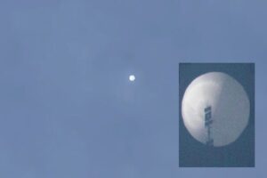 A giant balloon is seen in the sky over Montana; the inset shows a zoomed-in view of the inflated aircraft and some type of instrumentation it appears to be carrying. Image: KSVI-TV