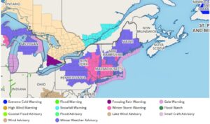Winter Storm Warnings have been issued in the bright pink counties while WInter Weather Advisories are in the dark purple counties in the Northeast. Image: weatherboy.com