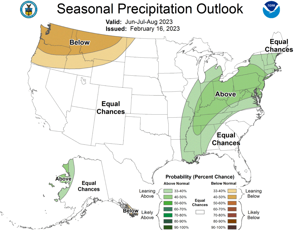 The Pacific Northwest is forecast to feature below normal precipitation while a large part of the East away from the southeast coast is expecting above normal precipitation. Image: NWS CPC