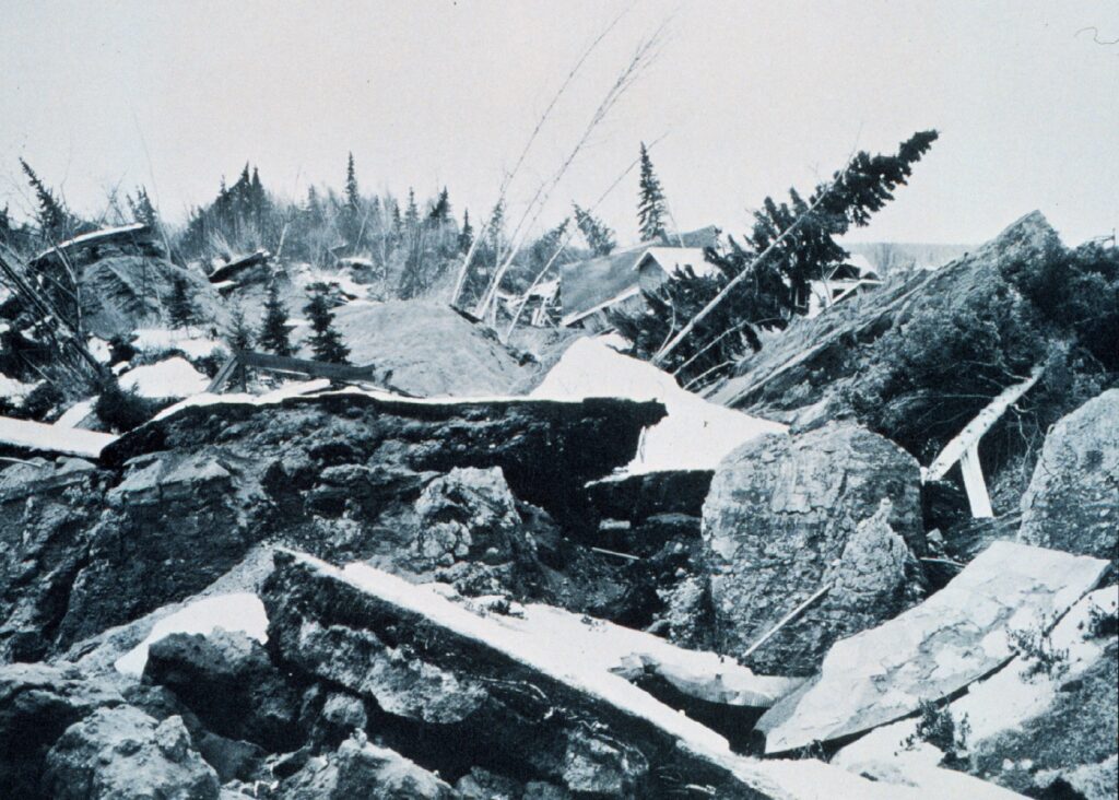 The earthquake created a significant landslide along Knik Arm between Point Woronzof and Fish Creek, destroying many buildings in the area.  Image: NOAA