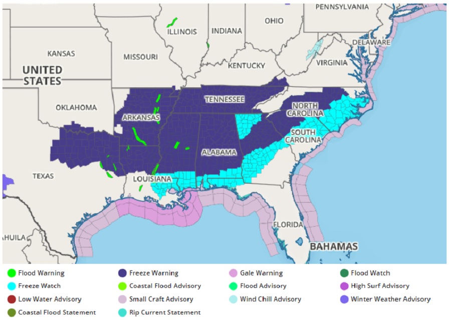Freeze Warnings in dark purple and Freeze Watches in light blue have been posted throughout the southeastern U.S..  Image: weatherboy.com