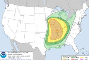 The colored areas are at risk of seeing severe storms, but the yellow and orange areas have the highest chances. Image: NOAA SPC
