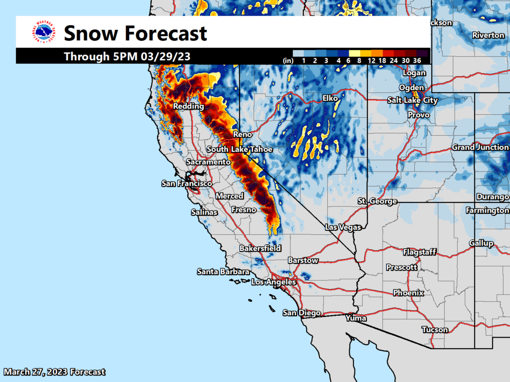 Very heavy snow will fall in areas that have already seen very heavy snow in recent weeks and months. Image: NWS