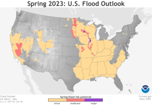 his map depicts the locations where there is a greater than 50% chance of minor to major flooding during March through May, 2023. Image: NOAA
