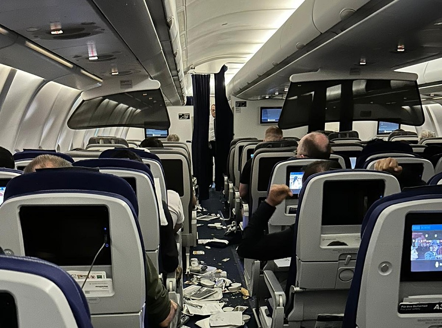The cabin of a Lufthansa Airlines flight from Austin, Texas to Frankfurt, Germany was left in shambles after in encountered severe turbulence in the eastern U.S.. Image: Ecaterina Fadhel