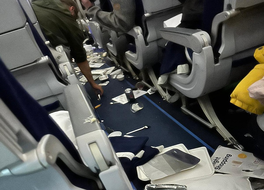 The cabin of a Lufthansa Airlines flight from Austin, Texas to Frankfurt, Germany was left in shambles after in encountered severe turbulence in the eastern U.S.. Image: Ecaterina Fadhel