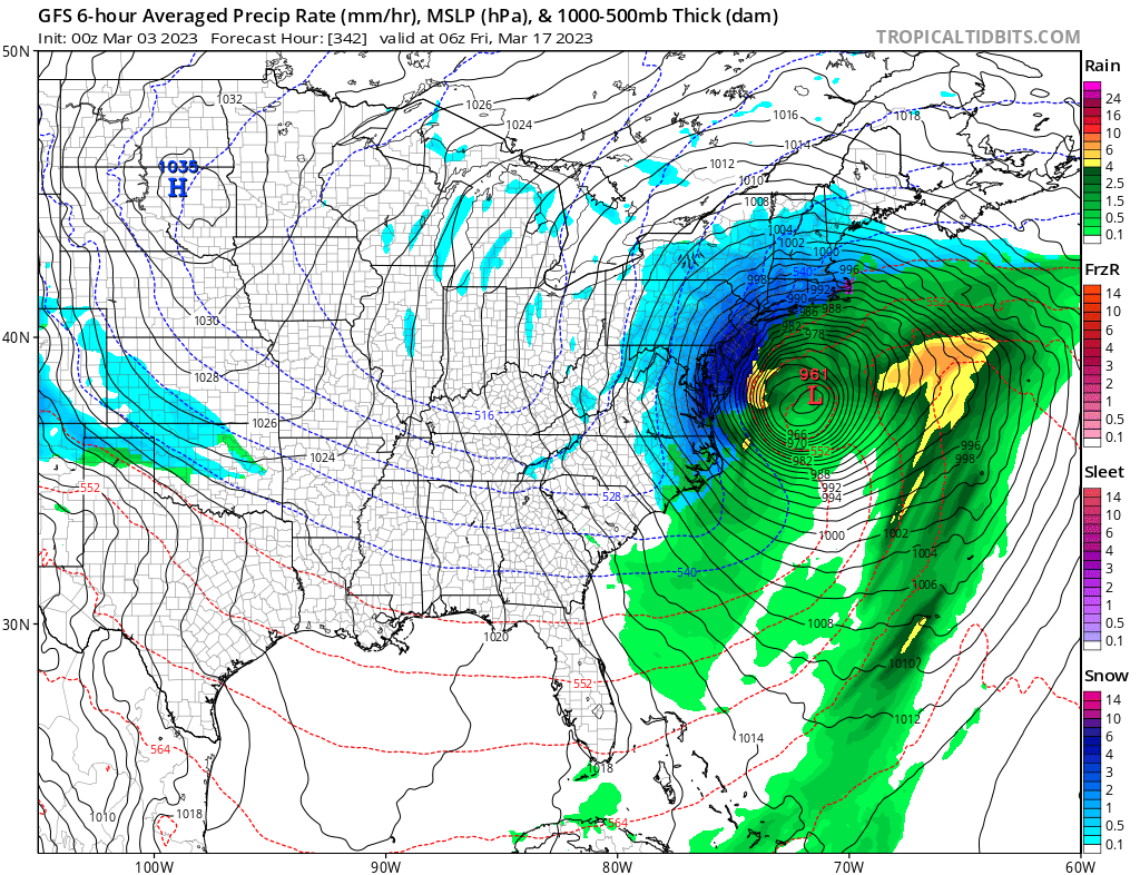 The overnight model run of the American GFS computer forecast model depicts a significant east coast snowstorm in the middle of March. Image: tropicaltidbits.com