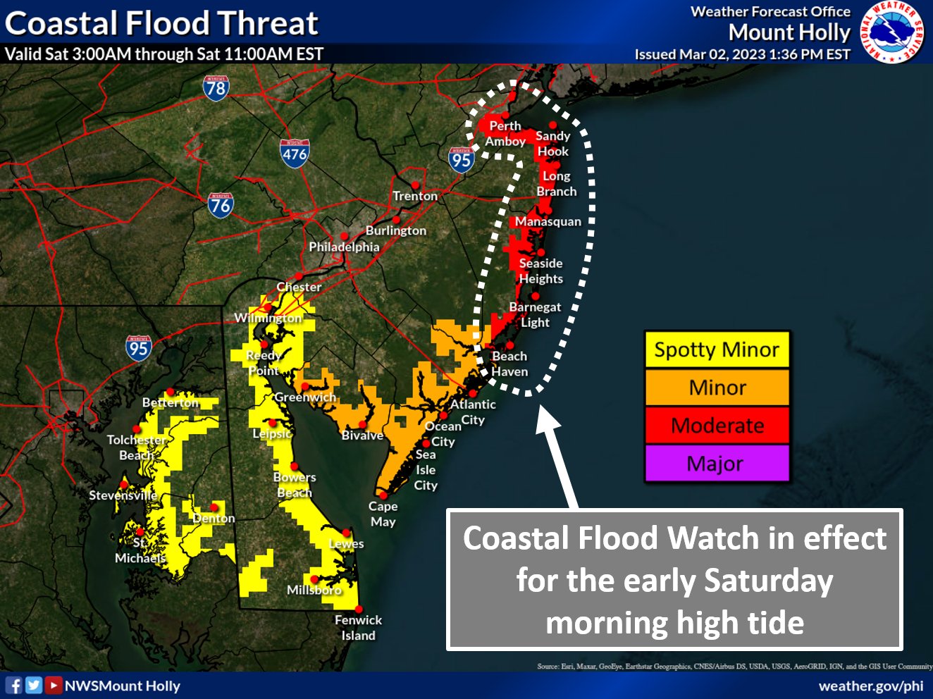 The National Weather Service is warning of expected moderate coastal flooding late Friday into early Saturday for portions of the Jersey Shore.  Image: NWS