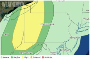 The latest Convective Outlook shows in yellow where the greatest threat of severe weather is today. Image: weatherboy.com
