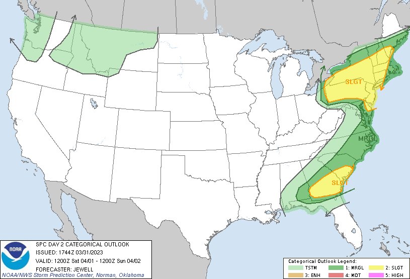 The threat for severe weather will be greatest across portions of New Jersey, New York, and Pennsylvania tomorrow.  Image: SPC