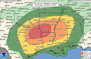 Severe weather is expected to unfold in the colored areas of this map tomorrow. The best chances of the most severe conditions are in the red area. Image: NWS