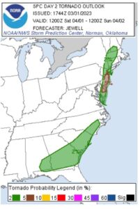 While there's an elevated risk of tornadic thunderstorms in the green shaded area, there's an even higher risk of tornadoes in the brown area in New Jersey and Delaware. Image: SPC