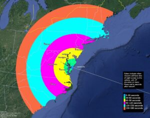 The areas colored could see the Rocket Lab rocket launch into space during Thursday's launch attempt. Image: NASA Wallops