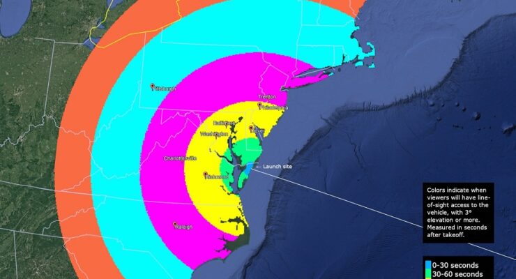 The areas colored could see the Rocket Lab rocket launch into space during Thursday's launch attempt. Image: NASA Wallops