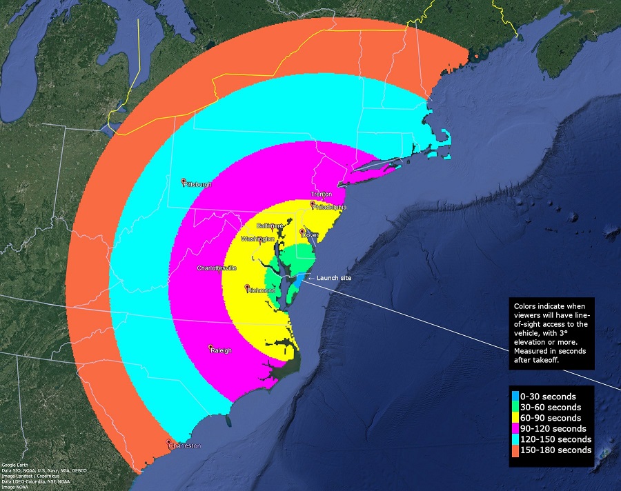 The areas colored could see the Rocket Lab rocket launch into space during Thursday's launch attempt.  Image: NASA Wallops