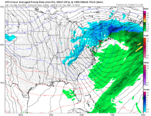 The latest afternoon run of the American GFS computer forecast model depicts a very different storm system for mid-March in the east.  Image: tropicaltidbits.com