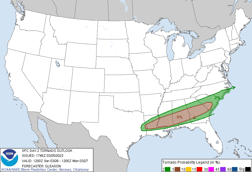 There will be a threat of additional tornadoes on Sunday. Image: NWS